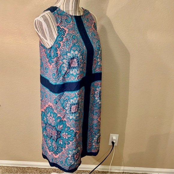 LOFT Sheath Dress Small Teal Pink Navy Sleeveless Lightweight Patterned Back Zip - Picture 5 of 14